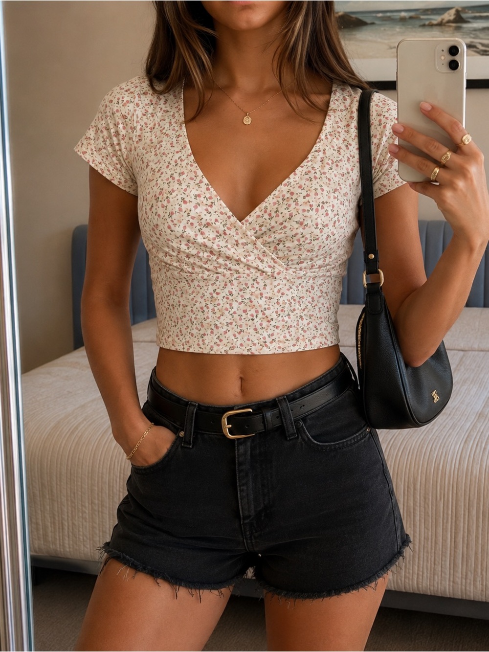 Brandy Melville Pink Floral Amara V-Neck Crop Top